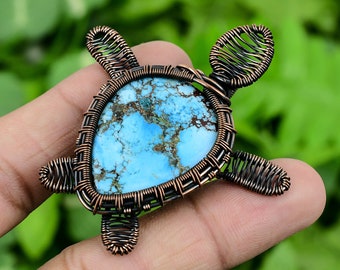 Turquoise Turtle Pendant: Handmade Copper Wire Wrapped Jewelry