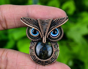 Elegant Blue Fire Labradorite Tiny Owl Pendant, Blue Gemstone Pendant, Wire Wrap Pendant, Copper Jewelry, Engagement Gift, Pendant For Love