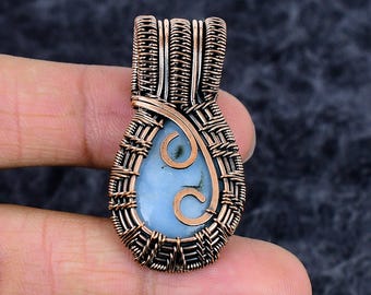 Angelite Pendant, Copper Wire Wrapped Blue Gemstone, Handmade January Birthstone Jewelry For Gift