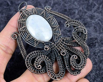 Rainbow Moonstone Genuine Gemstone Pendant, Handmade Copper Wire Wrap Jewelry Octopus Pendant June Birthstone
