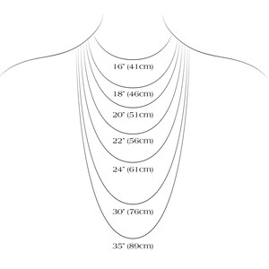 K&ouml;nnte beinhalten: Diagramm, das verschiedene Halskettenl&auml;ngen in Zoll und Zentimetern zeigt. Die gezeigten L&auml;ngen sind 16 Zoll (41 cm), 18 Zoll (46 cm), 20 Zoll (51 cm), 22 Zoll (56 cm), 24 Zoll (61 cm), 30 Zoll (76 cm) und 35 Zoll (89 cm).