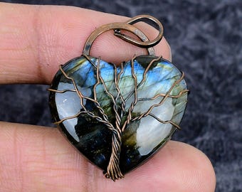 Tree of Life Labradorite Heart Pendant Genuine Gemstone Copper wire Wrap Handmade Jewelry For Anniversary Gift