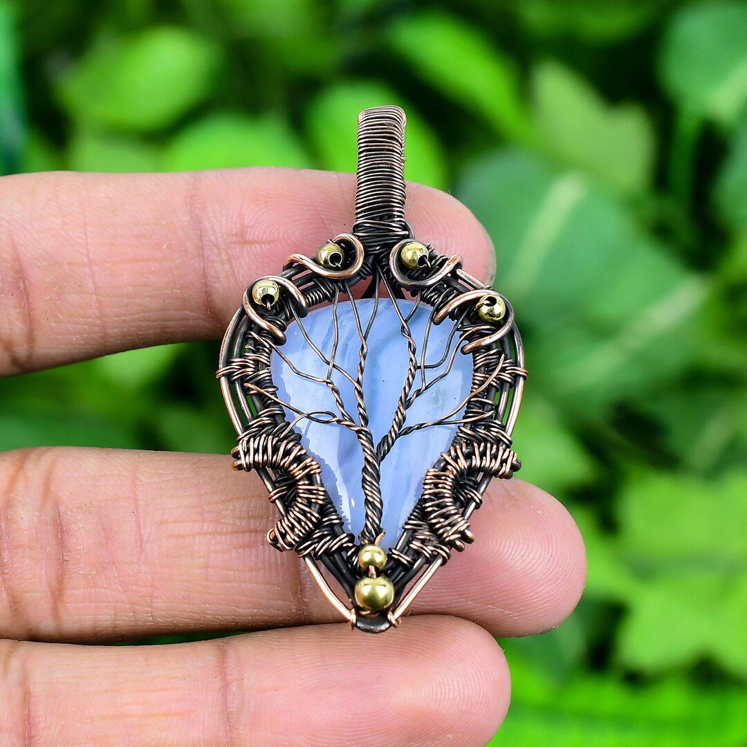 Blue Lace Agate Tree of Life Pendant: Wire Wrapped Copper Jewelry - Etsy