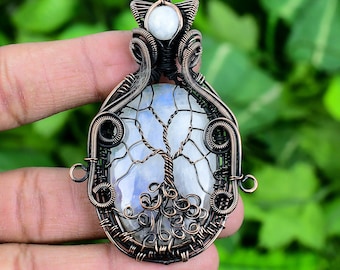 Rainbow Moonstone Tree Of Life Pendant: Wire Wrapped Copper Jewelry