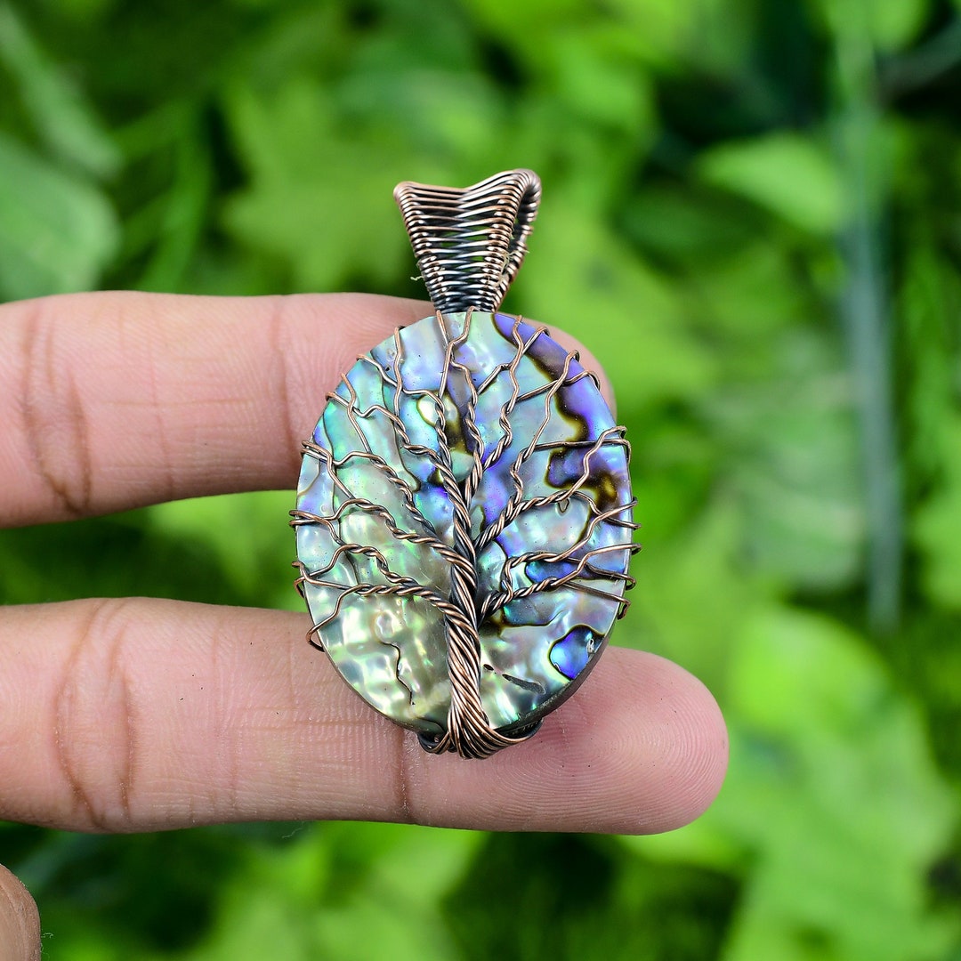 Handmade Copper Wire Wrapped Pendant With Natural Abalone Shell & Moonstone – Tree Of Life Design