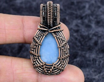 Blue Angelite Designer Pendant Genuine Gemstone Handmade Copper Wire Wrap Bohemian Jewelry