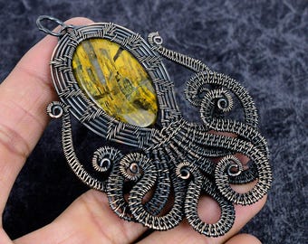 Marra Mamba Tiger Eye Genuine Gemstone Pendant, Handmade Copper Wire Wrap Jewelry Octopus Pendant