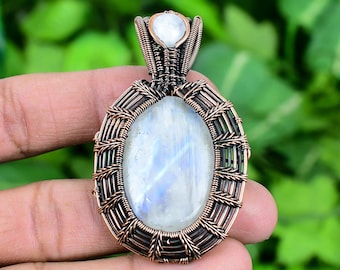Wire Wrapped Rainbow Moonstone Pendant: Handmade Copper Jewelry