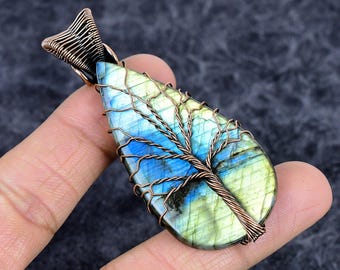 Blue Flash Labradorite Copper Wire Wrapped Tree of Life Pendant – Genuine Gemstone Jewelry