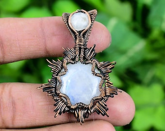 Rare Rainbow Moonstone Pendant: Handmade Copper Wire Wrap Jewelry