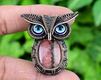 Rhodochrosite Owl Pendant: Copper Wire Wrapped Pink Gemstone Pendant For Lovely Gift