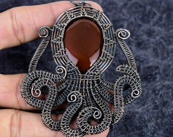 Red Onyx Genuine Gemstone Pendant, Handmade Copper Wire Wrap Jewelry Octopus Pendant July Birthstone