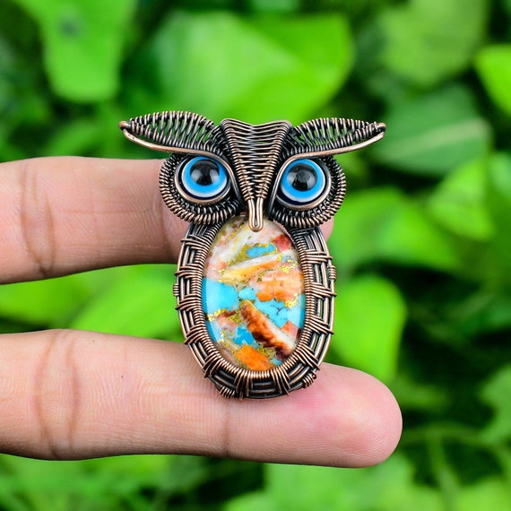 Valuable Spiny Oyster Copper Turquoise Gemstone Owl Pendant, Wire Wrap Pendant, Copper Jewelry, Anniversary Gift, Pendant For Wife
