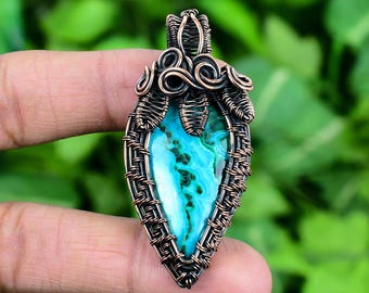Malachite Chrysocolla Copper Pendant: Wire Wrapped Gemstone Jewelry