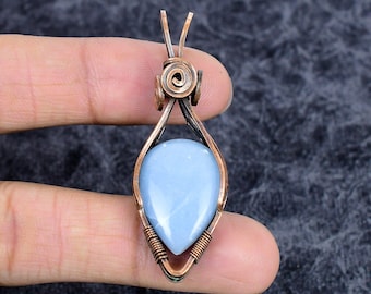 Blue Angelite Pendant Genuine Gemstone Handmade Copper Wire Wrap Bohemian Jewelry