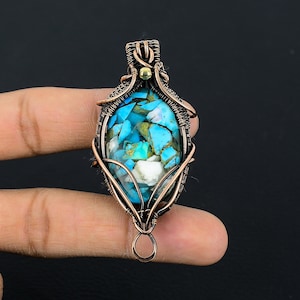 Copper Mosaic Turquoise Pendant Copper Wire Wrapped Pendant Copper Mosaic Turquoise Pendant Handmade Copper Jewelry Pendant 2.8&quot; Inches Long