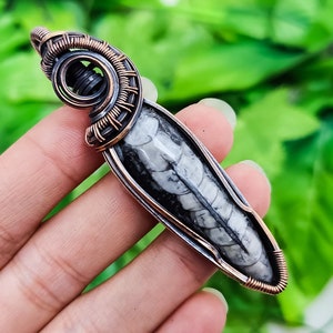 Orthoceras Fossil Pendant Copper Wire Wrapped Pendant Orthoceras Fossil Pendant Handmade Copper Jewelry Gemstone Pendant For Necklace 2.7"