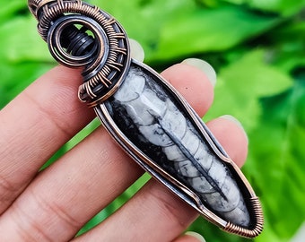 Orthoceras Fossil Pendant Copper Wire Wrapped Pendant Orthoceras Fossil Pendant Handmade Copper Jewelry Gemstone Pendant For Necklace 2.7"
