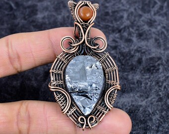 Genuine Shungite Druzy with Carnelian Gemstone Pendant, Handmade Copper Wire Wrap Jewelry For Gift
