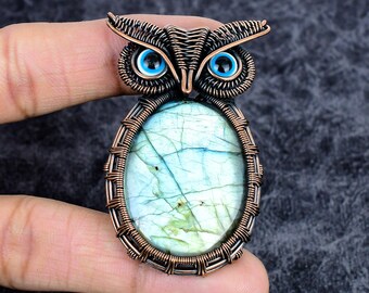 Labradorite Fat Owl Pendant: Genuine Flashy Gemstone Handmade Copper Jewelry For Gift