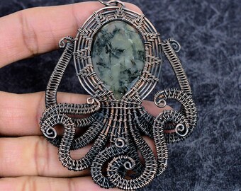Moss Prehnite Genuine Gemstone Pendant, Handmade Copper Wire Wrap Jewelry Octopus Pendant August Birthstone
