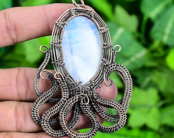 Rainbow Moonstone Octopus Pendant: Wire Wrapped Copper Jewelry