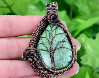 Handmade Copper Wire Wrapped Tree of Life Chrysoprase Pendant
