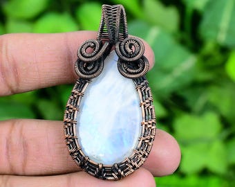 Wire Wrapped Rainbow Moonstone Pendant: Handmade Copper Jewelry