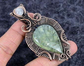 Moss Prehnite Pendant, Natural Green Gemstone Coper Wire Wrap Jewelry, August Birthstone Gift