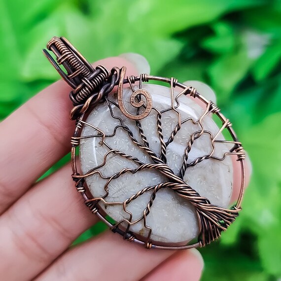 Buy Tree of Life Fossil Coral Pendant Copper Wire Wrapped Pendant