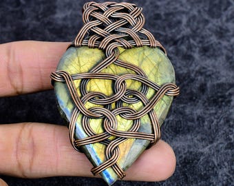 Labradorite Psychedelic Pendant: Copper Wire Wrapped Genuine Gemstone Handmade Copper Jewelry