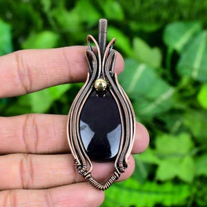 Wire Wrap Black Onyx Copper Pendant: Handmade Gemstone Jewelry