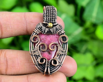 Wire Wrap Rhodonite Pendant: Handmade Copper Jewelry