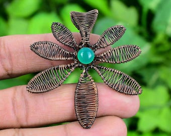 Green Onyx Floral Pendant: Wire Wrapped Copper Jewelry