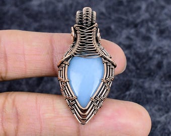 Blue Angelite Pendant Natural Gemstone Handmade Copper Wire Wrap Bohemian Jewelry
