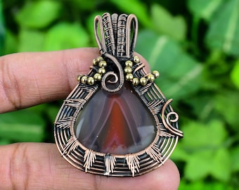 Lake Superior Agate Pendant: Copper Wire Wrap, Pink Gemstone