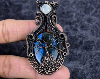 Blue Flash Labradorite Moonstone Pendant, Tree of Life Copper Wire Wrapped Gemstone Jewelry, Handmade Designer Pendant for Gift