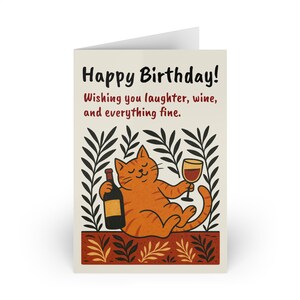Cartes de voeux amusantes d'anniversaire de chat, carte d'amateur de vin, cartes de chat mignon, intérieur vierge, célébration d'anniversaire, cadeau pour les propriétaires de chat