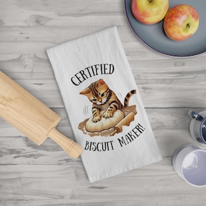 Cute Tea Towel for Cat Lovers, Certified Biscuit Maker Kitchen Decor, Unique Gift for Cat Lovers, Cat Owner Gift, Fun Home Accents