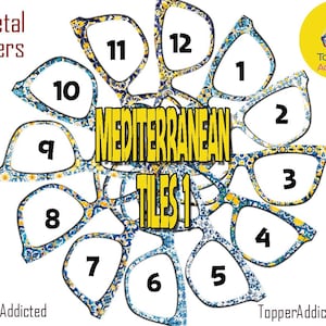 May include: An image featuring a collection of eyeglass frames with a Mediterranean tile design. The frames are numbered 1 through 12 and arranged in a circular pattern. The text "All Metal Toppers" and "Mediterranean Tiles 1" are also visible.