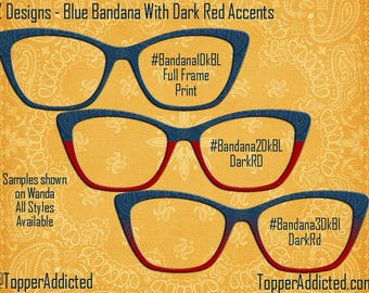 Blue Bandana Print with Dark Red Accents Pair Eyewear Compatible Magnetic Topper - Country Look on metal topper with Paisley accents