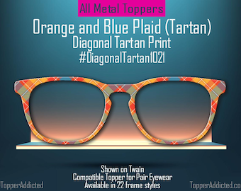 Orange and Blue Modern Diagonal Tartan – Metal Magnetic Topper for Pair Eyewear | Bold Diagonal Plaid printed glasses topper | Get It Fast