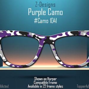May include: Purple camouflage glasses with a black and white pattern. The glasses are shown on a Harper frame. #Camo 1041