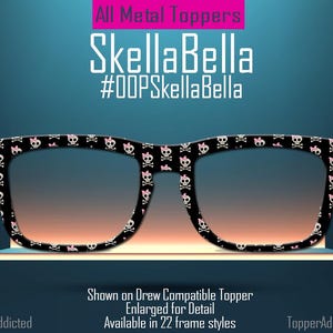 May include: Black-framed glasses with a repeating pattern of skulls and pink bows. The lenses have a gradient from orange to clear. Text on the image reads "SkellaBella" and "#OOPSkellaBella".