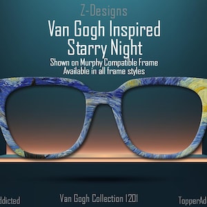 May include: A pair of spectacles featuring a blue and yellow starry night design inspired by Van Gogh's famous painting. The glasses are shown on a Murphy compatible frame and are available in all frame styles. The text "Van Gogh Collection 1201" is also visible in the image.