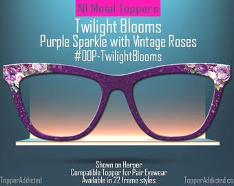 Twilight Bloom – Purple Bokeh Topper with Vintage Roses - Magnetic Metal Toppers for Pair Eyewear