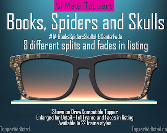 Books, Spiders and Skulls Metal Magnetic Topper for Pair Eyewear Glasses – Dark Academia Halloween Glasses Accessory for Readers Gothic Lit
