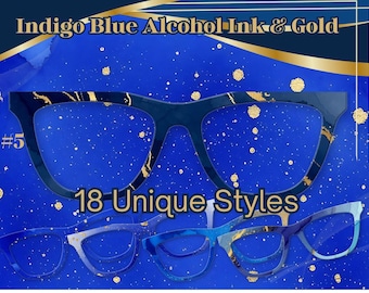 Tinta de alcohol azul índigo y adornos dorados compatibles con gafas de montura metálica.