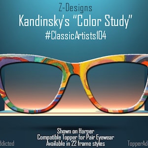 Peut inclure: Une paire de lunettes colorées avec un motif géométrique inspiré de l'œuvre de Wassily Kandinsky. Les lunettes sont étiquetées "Kandinsky's "Color Study" #ClassicArtists104".