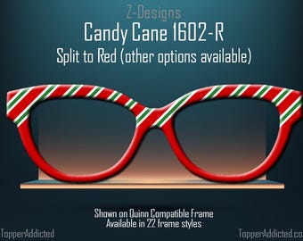 Adornos magnéticos metálicos con estampado de bastón de caramelo, compatibles con gafas de sol con degradado o abertura en rojo. Diseños navideños de TopperAddicted.